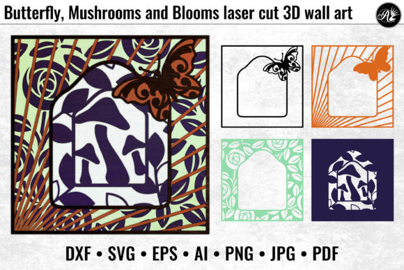 Butterfly, Mushrooms and Blooms 3D SVG